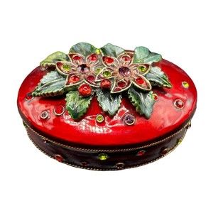 Enamel and Rhinestone Flowers Oval Trinket Box Burgundy Green Red Purple